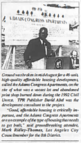 A image of Mark Ridley-Thomas in front of a sign that reas "Adams Congress Apartments."