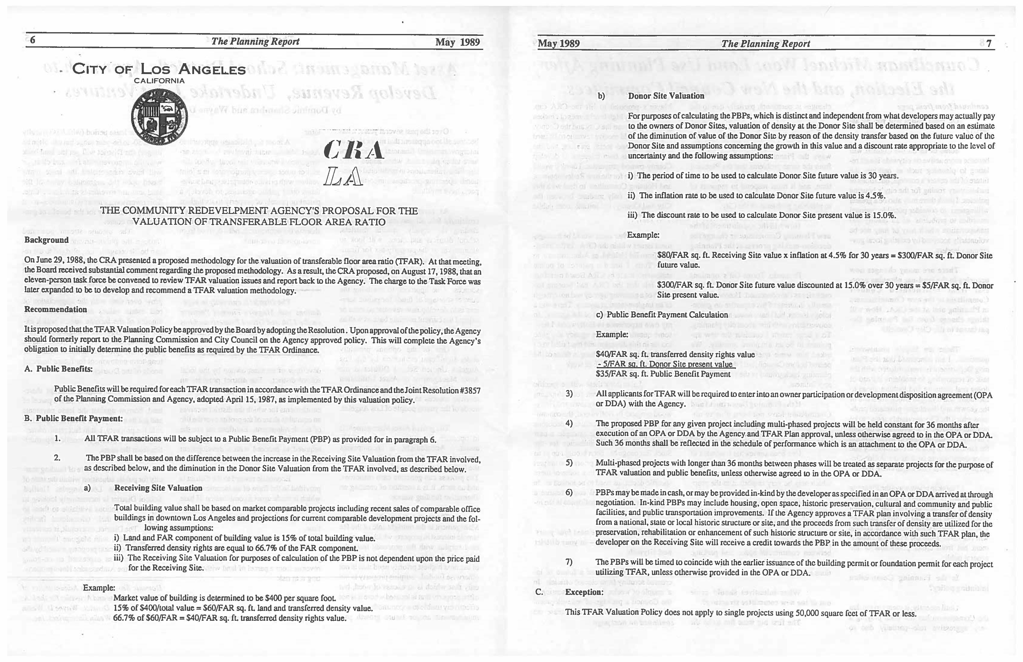 City of LA ordinance titled, "The Community Redevelopment Agency's Proposal for the Valuation of Transferrable Floor Area Ratio"