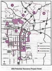 A map of the Eastern and Southern section of the Los Angeles County which shows the potential recovery project areas of the CRA.