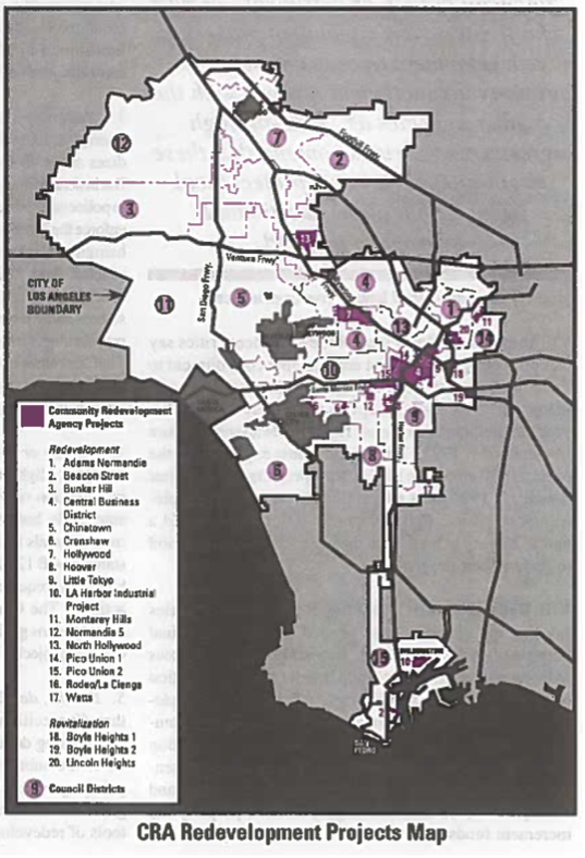 A map of the City of Los Angeles which shows the redevelopment projects of the CRA.