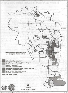 A map of the City of Los Angeles with an overlay of different empowerment zone and enterprise communities.