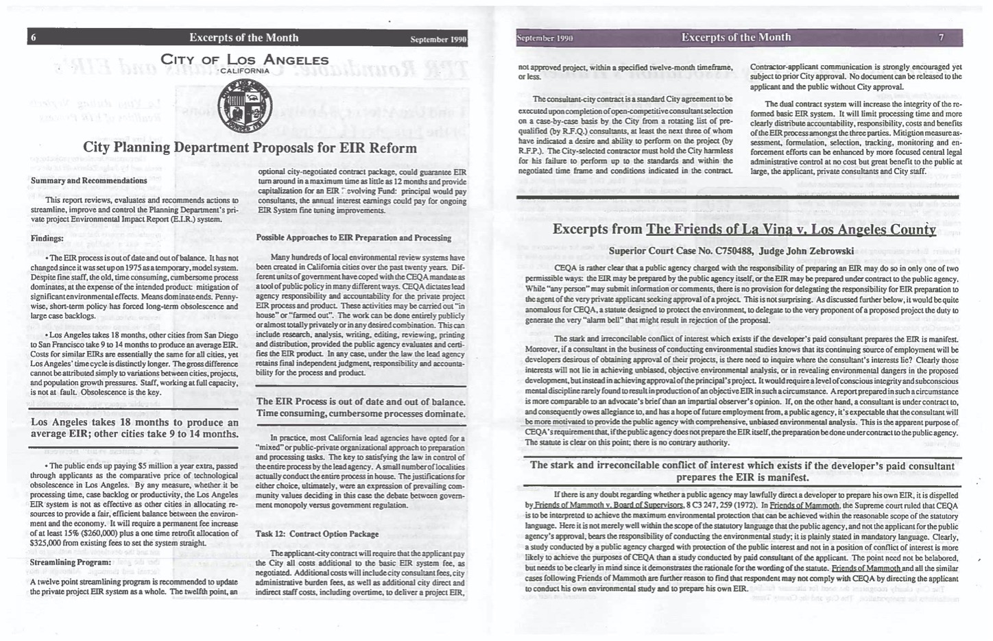 Excerpts pulled from the City Planning Department Proposals for EIR Reform and excerpts from The Friends of La Vina v. Los Angeles County  