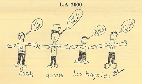 Four characters hold hands with shirts from different parts of LA County. 