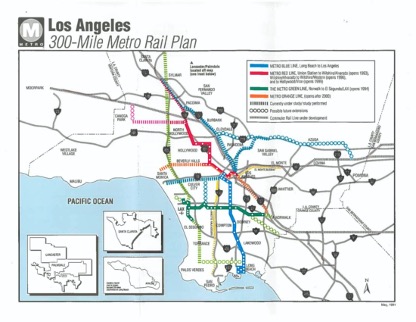 Map of LA with different colored lines depicting actual and potential rail-lines. 