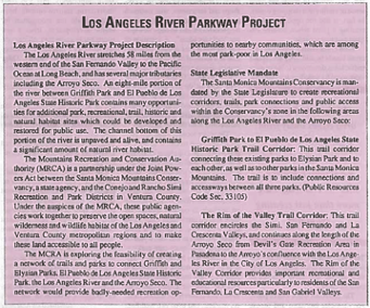 A block of text detailing the Los Angeles River Parkway Project, state legislative mandate, and trails.