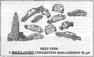 A comic depicting many cars labeled from U.S. DOT to Caltrans besides LA City Hall. 
