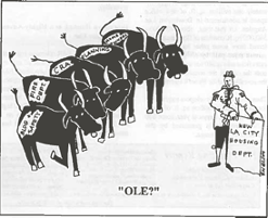 A comic by Shelton depicting a matador waving a flag with writing "New L.A. City Housing Dept." against five bulls named "BLDG + Safety", "Fire Dept.", "CRA", "Planning", and "Homeowners". 