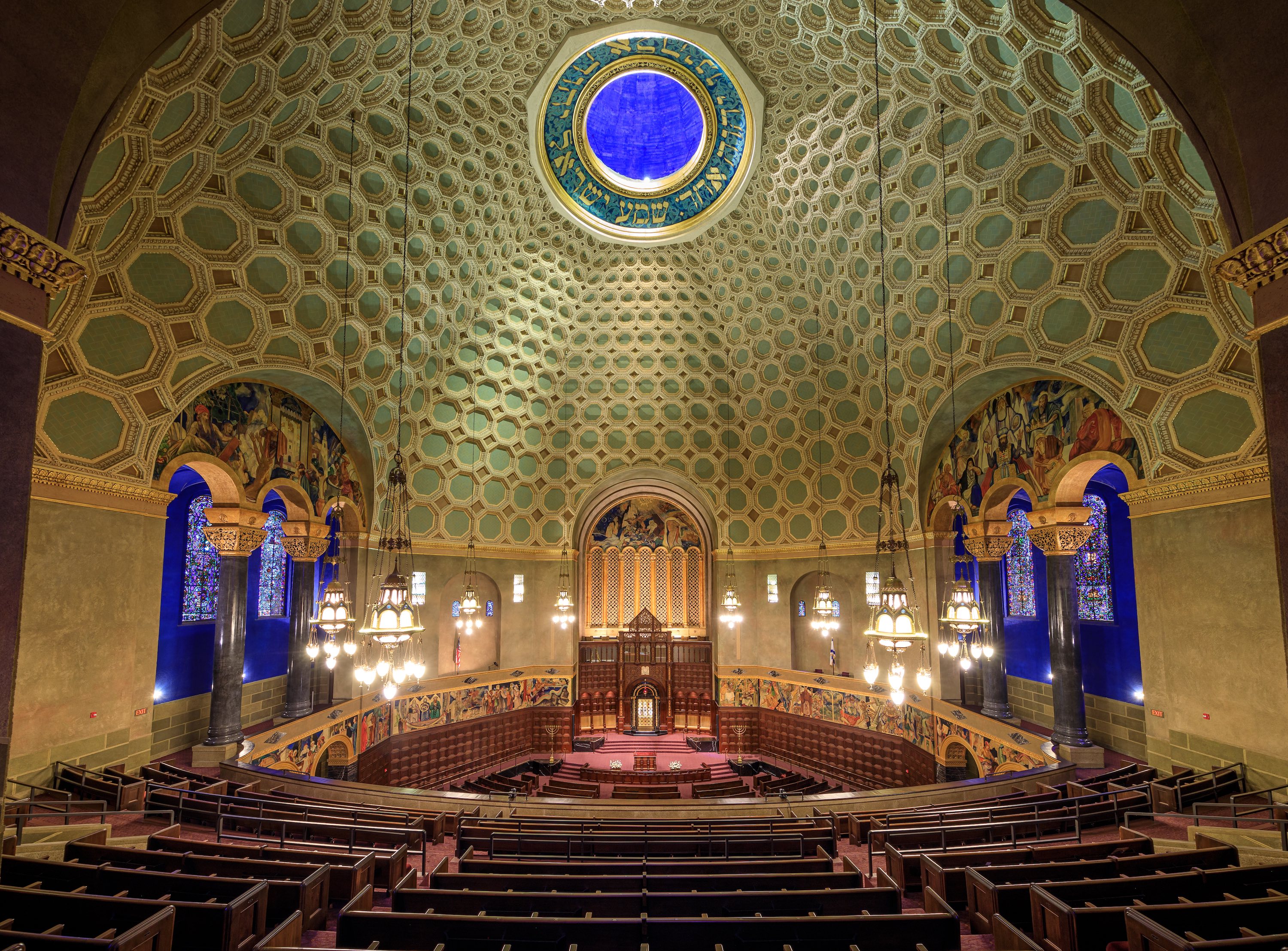 Boulevard Temple interior dome: Wilshire Boulevard Temple’s restored and stabilized Byzantine Revival-style coffered dome ceiling, the centerpiece of a $150 million rehabilitation and a congregation’s recommitment to its historic urban neighborhood.