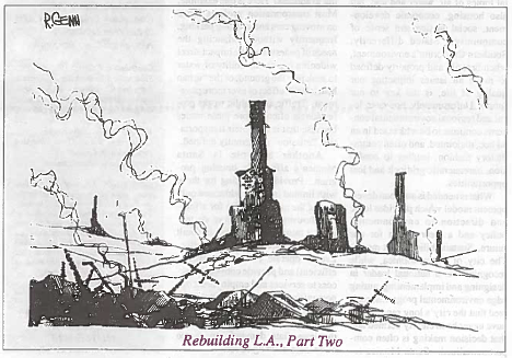 A drawing by Roman Genn that depicts a destroyed skyline.