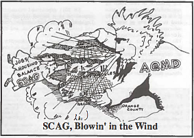 A comic where a man labeled "Jobs Housing Balance SCAG" is being blown away by a larger man labeled "AQMD".