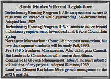 A table listing recent legislation in Santa Monica such as Inclusionary Housing Program, Northwest Moratorium, and more.