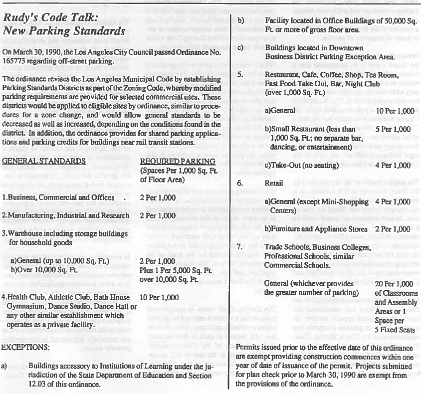 A table listing parking standards from a recently passed LA Ordinance in March 30, 1990.