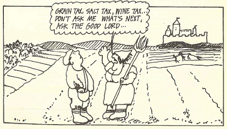 A comic of two farmers with one lamenting the increase of taxes.