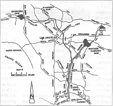 The course of the L.A. River (identified as the L.A. County Drainage Area)